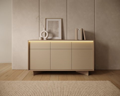 Style-Japandi C Kumode ar 3 durvīm,3 atvilktnēm un apgaismojumu